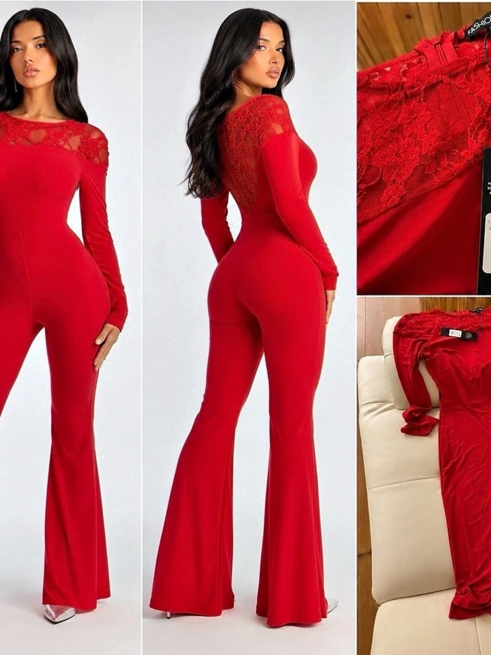 Fashion Nova Rosana Lace Trim Flare Leg Jumpsuit Red Medium